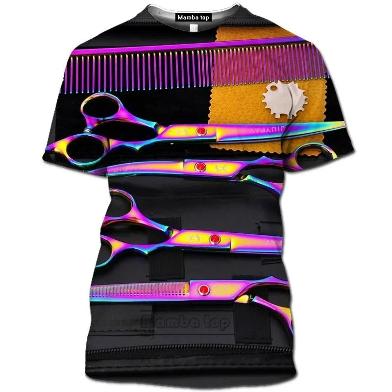 Men's Retro Barber Tool Pattern Men's Printed T-shirt Personalized Round Neck Fashion Comfortable Short sleeved Top