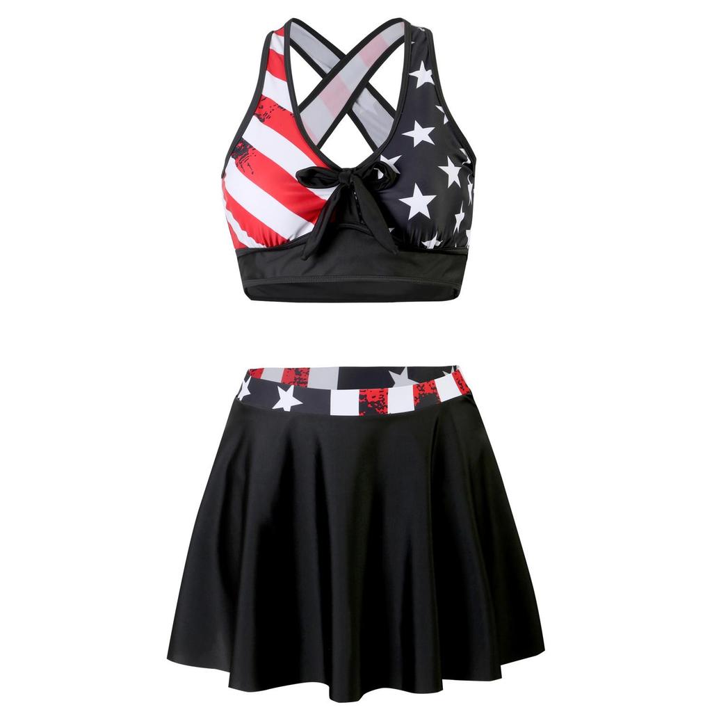 2024 Damen Europäischer & Amerikanischer Konservativer Print Bikini Badeanzug mit Rock