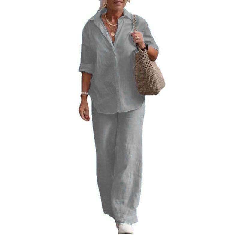 Lapel Long sleeve Shirts Spring and Autumn Leisure Solid Color Pants Wide Leg Suit Casual Top and Pants Set