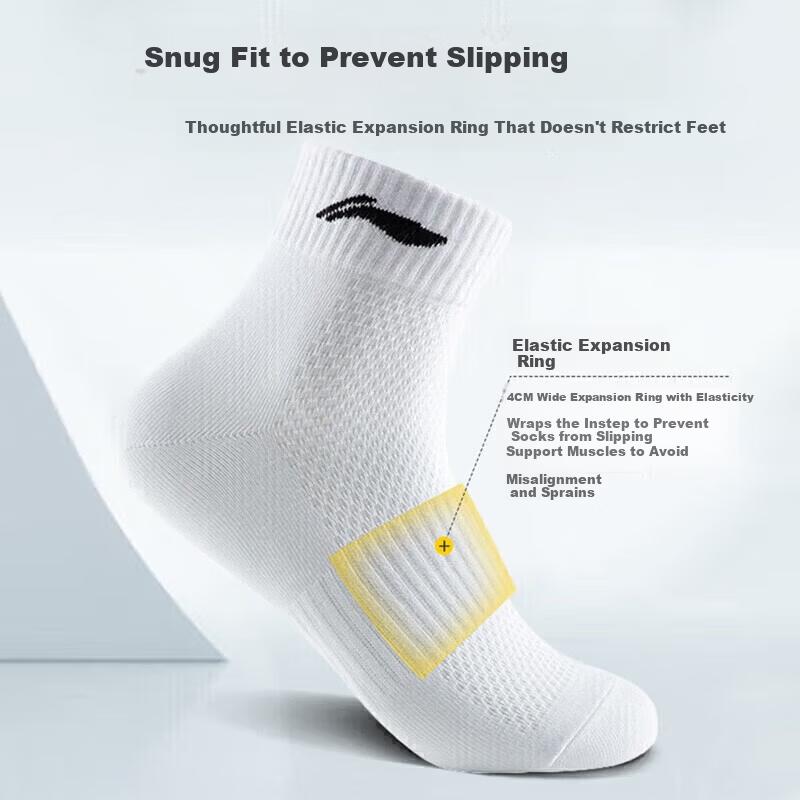 LI-NING Socks (3 Pairs) Sports Socks Yoga Socks All-Season Antibacterial Durable Running Socks Cotton Socks Black White Gray