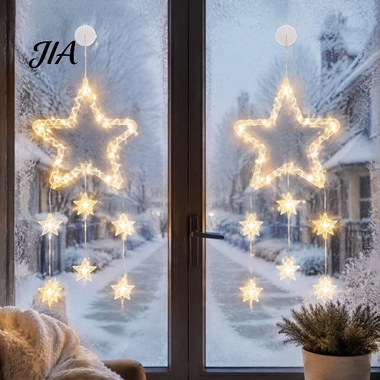 New Year Festive Atmosphere Light LED Christmas Window Star Decoration, Battery Operated Hanging Warm Indoor Outdoor Decorations Lighted Shaped