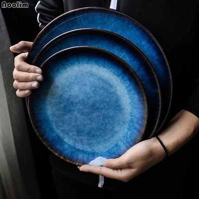Japanse ovenblauwe ondiepe plaat platte plaat ronde schaal steakschaal bord pastaschaal thuis servies