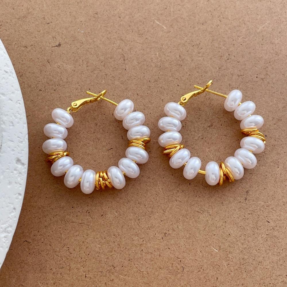 

Temperament Double Color Faux Pearl Circle Hoop Earrings For Women Real Gold Plated Copper Wedding Casual Jewelry