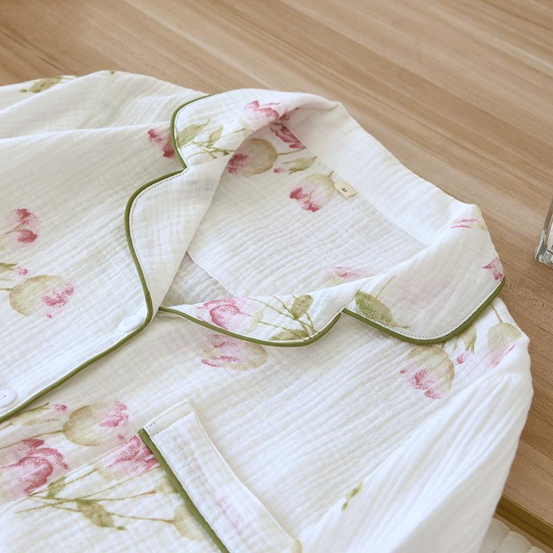 Dámská pastorální pyžamová souprava - Dlouhý rukáv, dvouvrstvý krep, čistá bavlněná gázovina na jaro, léto, podzim.