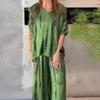 Summer Casual Vintage Printed O Neck Short Sleeve Shirt Wide Leg Pants Suit Women Two Piece Set Comfortable Outfits
