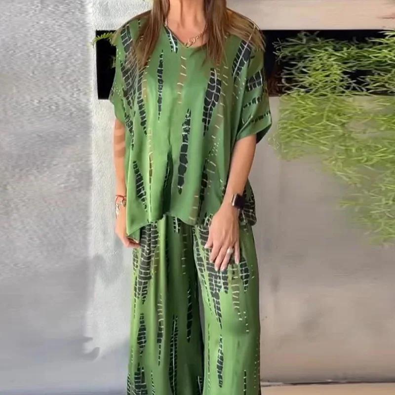 Summer Casual Vintage Printed O Neck Short Sleeve Shirt Wide Leg Pants Suit Women Two Piece Set Comfortable Outfits