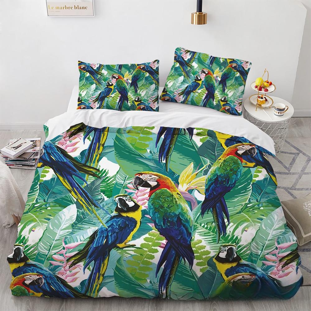 Tropical Parrot Duvet Cover Watercolor Parrot Comforter Set Tropical Jungle Plant Bedding Set With Zipper Ties For Bedroom Decor