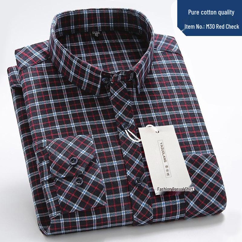 Pánská košile s dlouhým rukávem z kostkované bavlny - Mladistvá jarní/podzimní ležérní, prodyšná s límečkem na knoflíčky pro střední věk a pro tátu