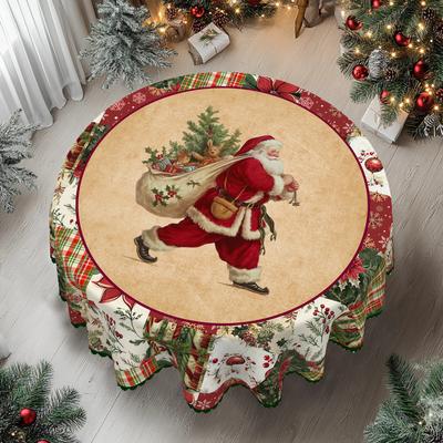 1 Weihnachtstischdecke rund und rechteckig, verschiedene Größen, Tischdecke mit antikem Weihnachtsmannmuster bedruckt, Weihnachts-Gartentischdecke Decora