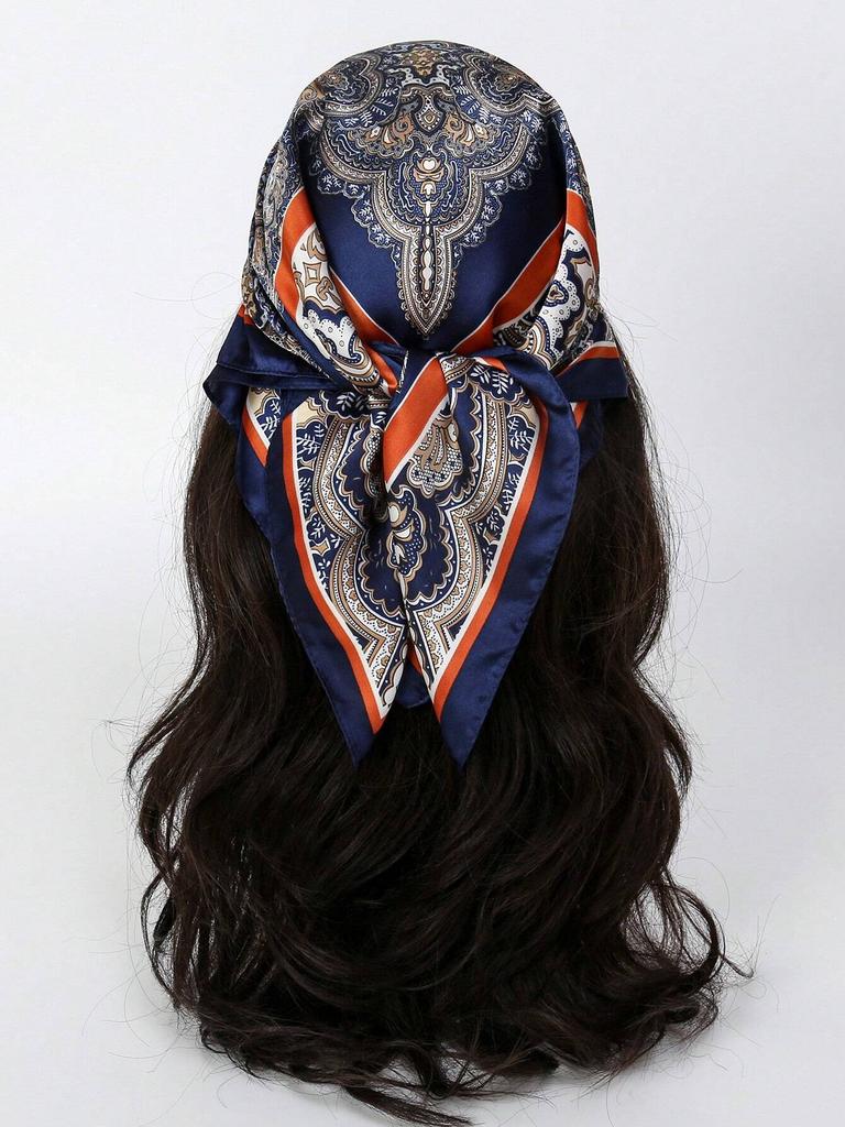 Luxury Retro Women'S Silk Satin Hair 70Cm Square Scarves Fashion Flower Printed Headscarf Designer Scarf Headband