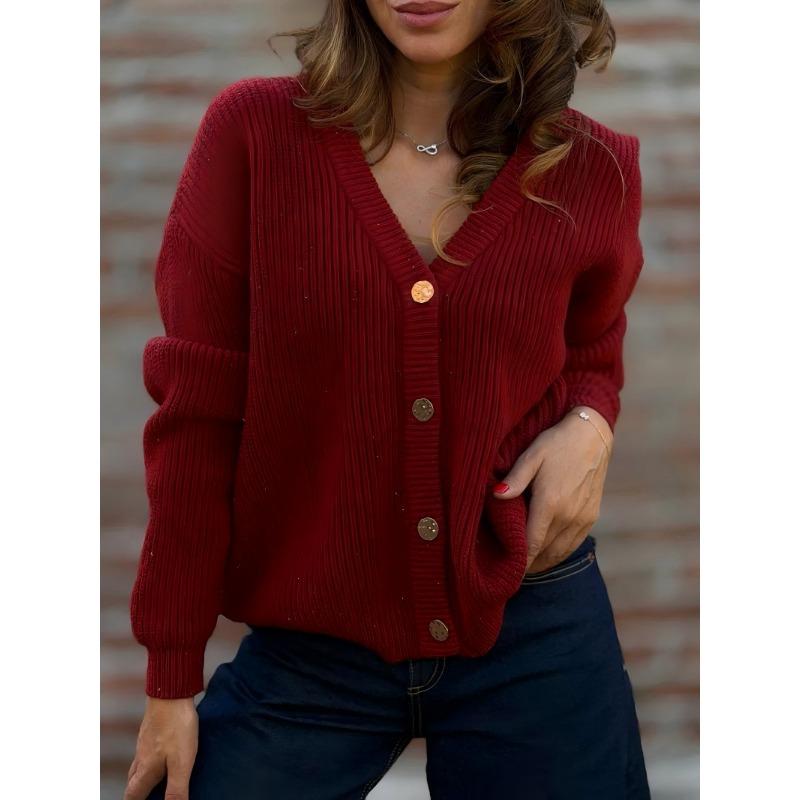 Women V Neck Slim Fit Thick Knit Cardigan Casual Sweater Outerwear