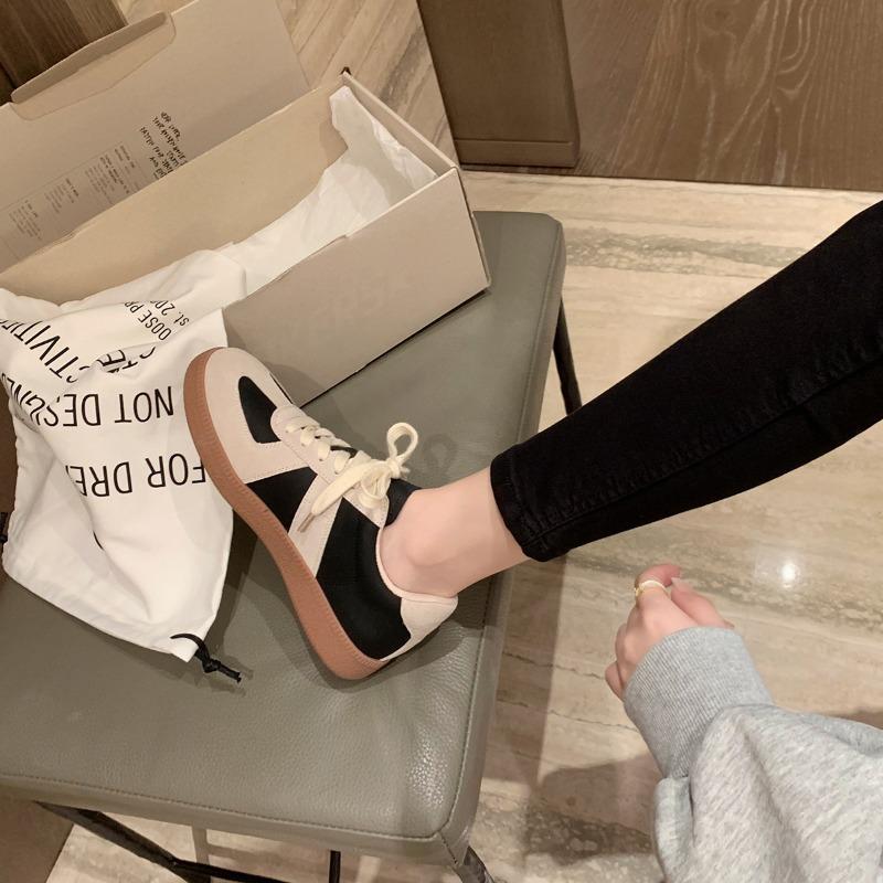 ~ Retro Round Head Color Matching Casual Board Shoes Lace-up Little White Shoes Women's Summer and Autumn