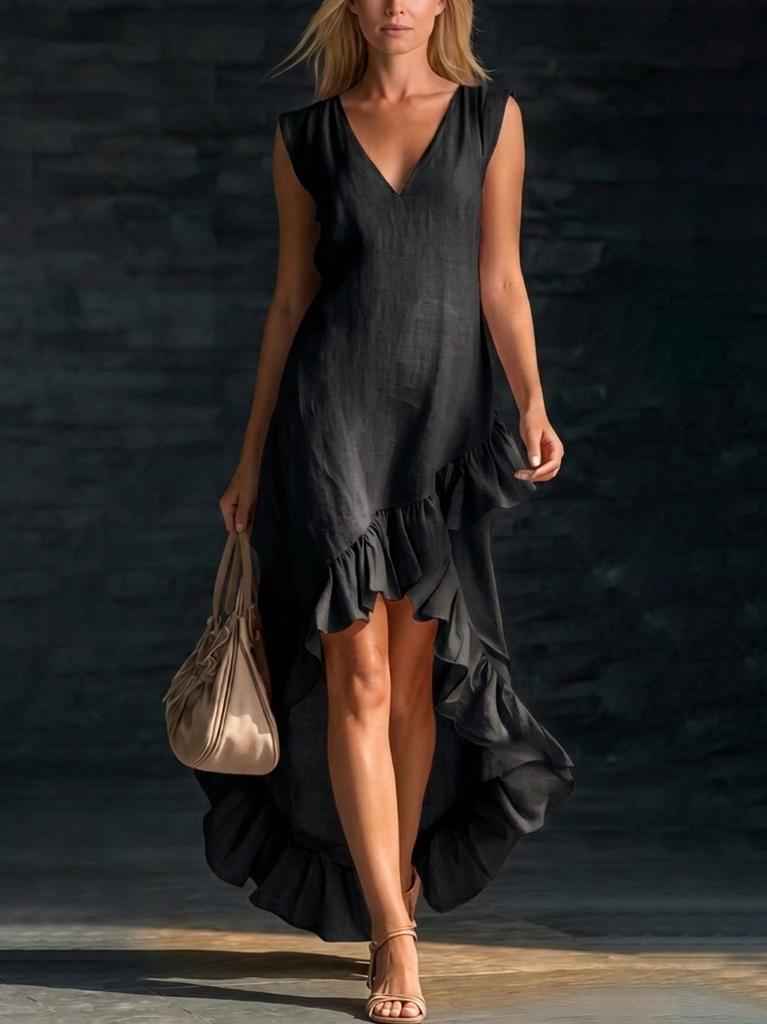 2026 Nouvelle Mode Romantique Sans Manches Col en V Ourlet à Volants Lin Longue Robe pour Vacances d'Été
