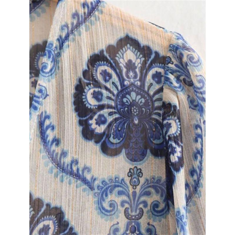 Long Sleeved V-neck Geometric Print Dressv Collar Geometric Print Dress Female