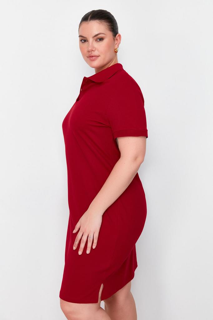 Women's Style Plus Size Claret Red Polo Neck Mini Knitted Dress