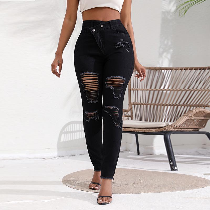 Autumn 2025 High-End Plus Size Ripped High-Waisted Slim-Fit Washed Women s Jeans L