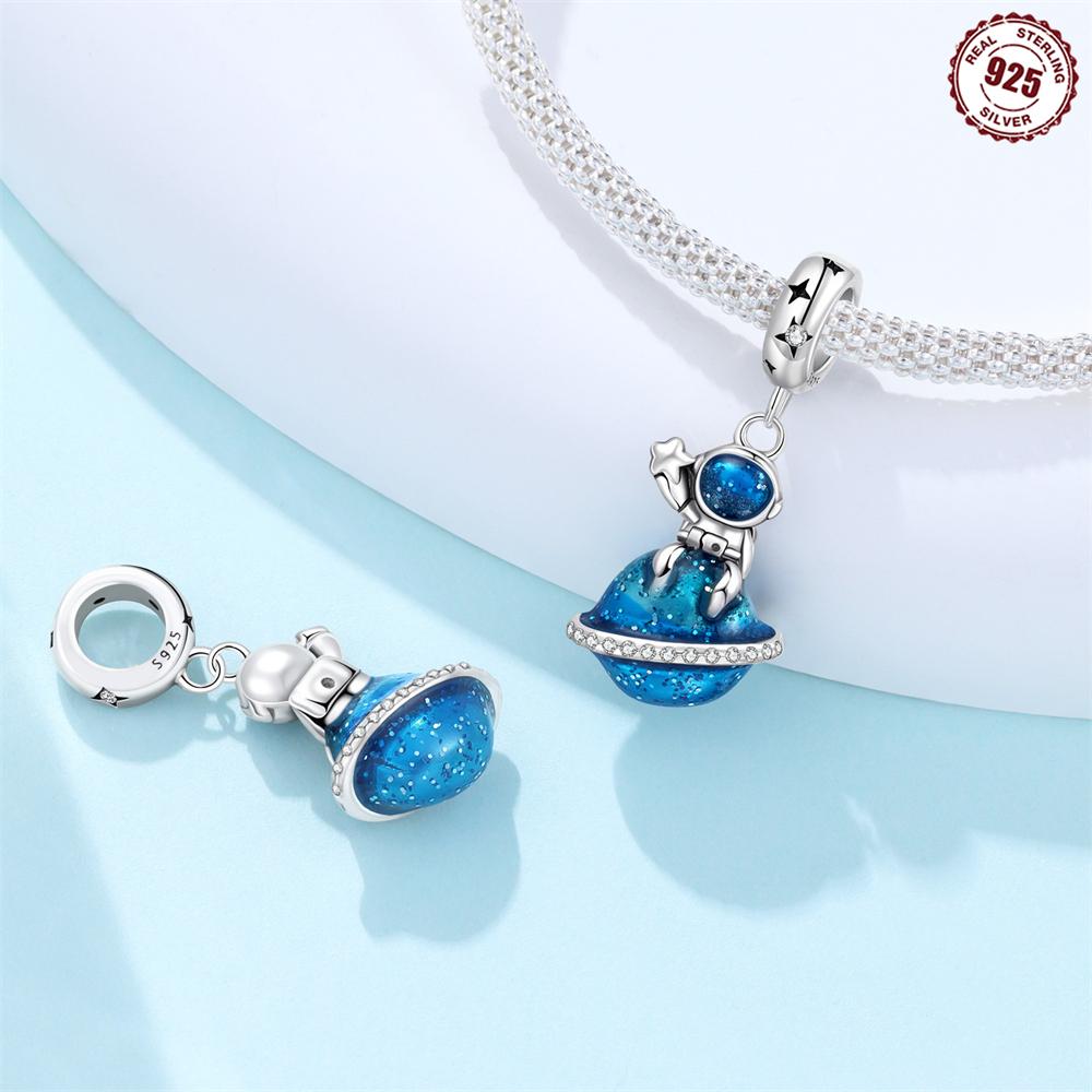 Copper Transportation Blue Astronaut Electric Vehicle Car Charms Beads For Original Bracelet Woman Girl Jewelry