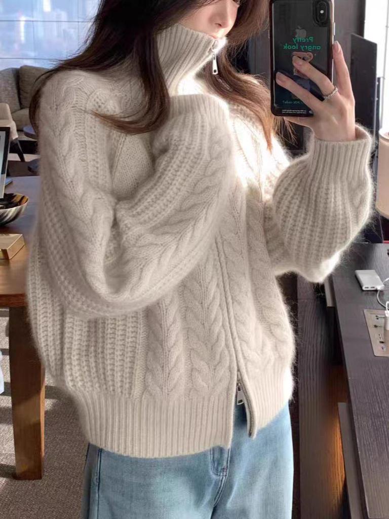 Women's Heavy Cable Knit Wool Cardigan - High Neck Raglan Sleeve, Thick Five-Needle, Loose Zip-Up Sweater