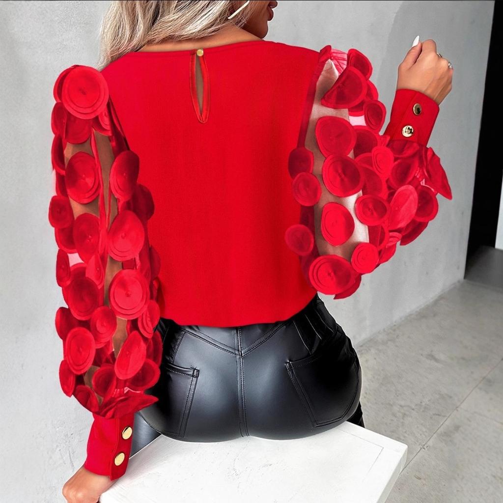 Fashion Lace Floral Tops Blouses Women Long Sleeve Elegant O-neck Loose Shirt Blouse Casual Shirts Spring Summer Ladies Top