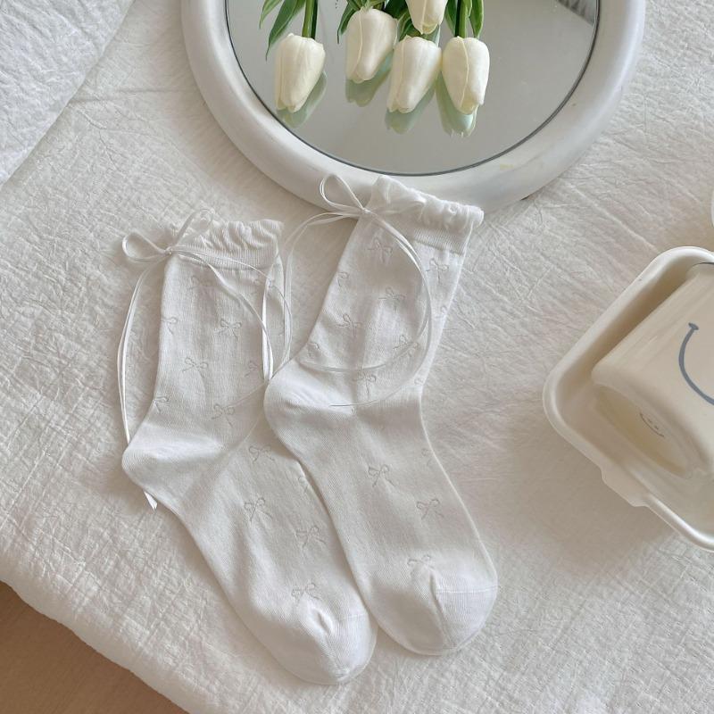 Ladies Spring and Summer Thin Lovely Bow Mesh Breathable Boneless Anti Pilling Ribbon Stack Socks