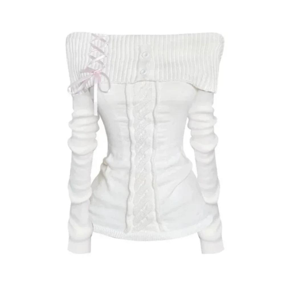 

Винтажный элегантный уличный трикотажный свитер для женщин в корейском стиле, сексуальный бант, повязка с вырезом-лодочкой, тонкий свитер, сплошной шик M белый