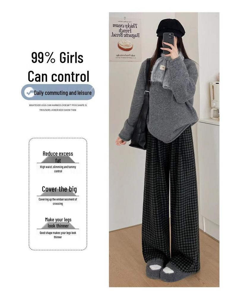 Petite Korean Style High Waist Wool Blend Plaid Wide Leg Pants - Fleece Lined for Autumn/Winter