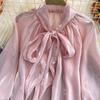 Sweet Women's Blouse Solid Color Butterfly Tie Lace-up Collar Long Sleeve Loose Stright Blusas Shirt Female All-matched Fashion