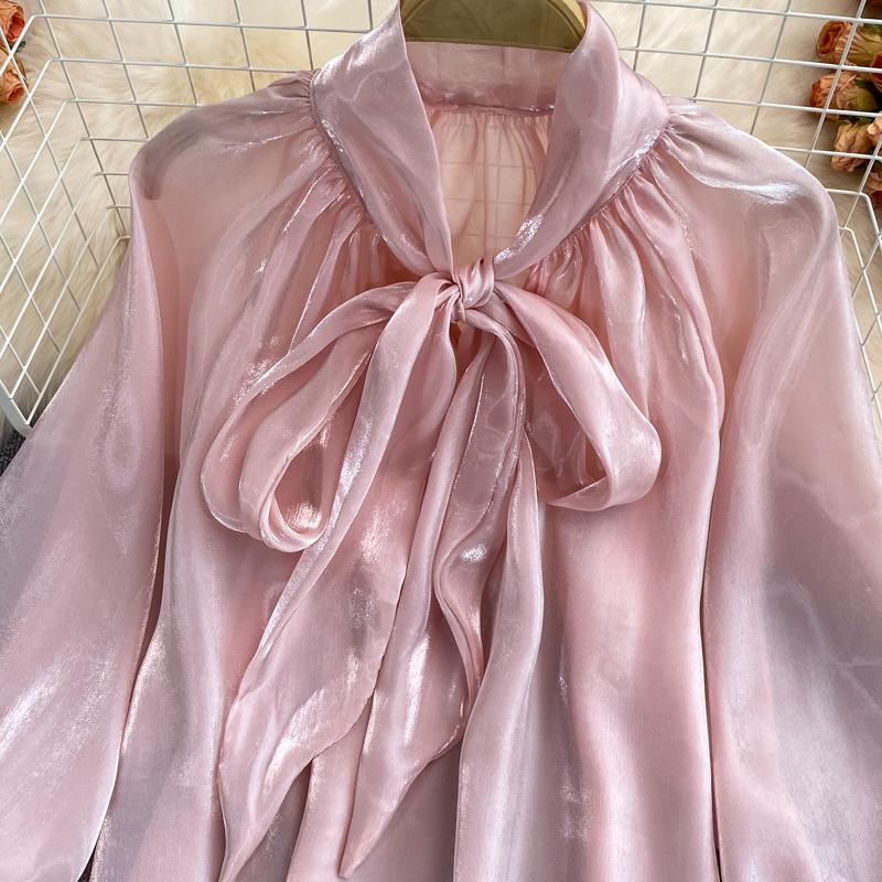Sweet Women's Blouse Solid Color Butterfly Tie Lace-up Collar Long Sleeve Loose Stright Blusas Shirt Female All-matched Fashion