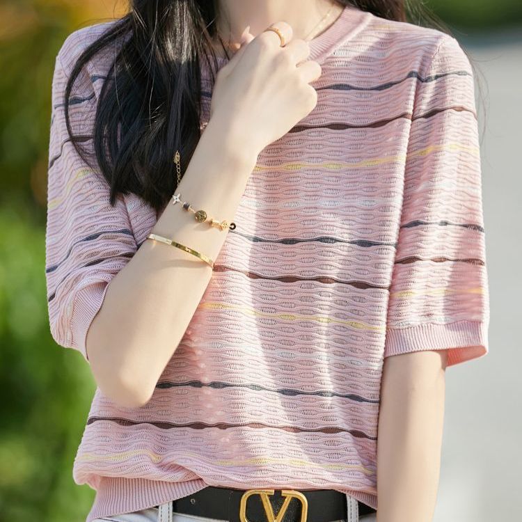 Ice Silk Short Sleeved T-shirt for Women Slimming Color Striped Plus Size Summer Thin Knit Top