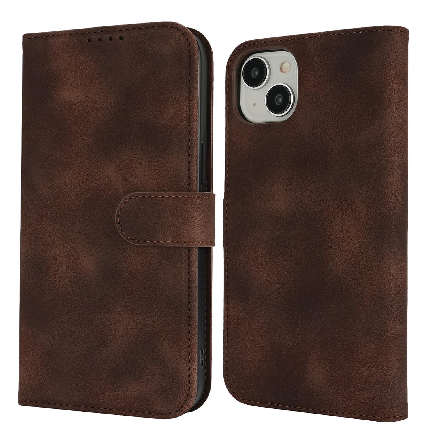 

For iPhone 14/13 Wallet Case Double Folded Edge Skin Touch PU Leather Flip Phone Cover Dark Brown
