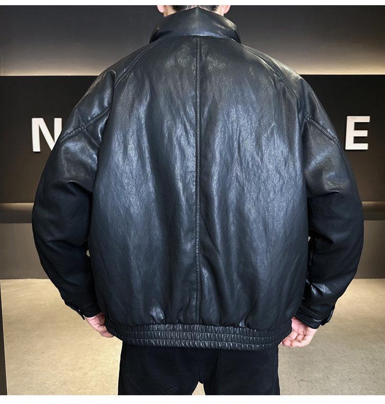 Men's Trendy Winter Leather Down Jacket - Short Stand Collar, Warm, PU Leather, Thickened, Wash-Free