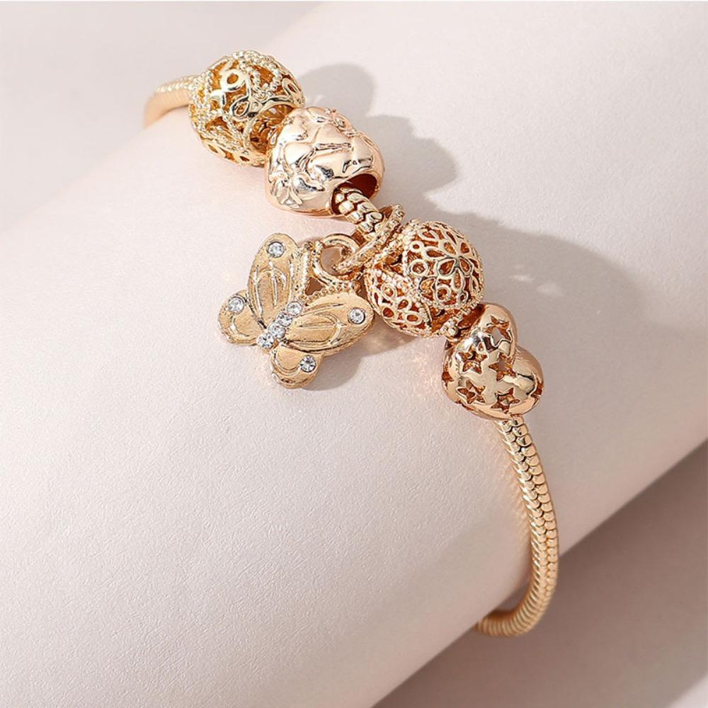 Adjustable Beaded Alloy Heart Butterfly Charm Copper Bracelet with Sticky Diamonds