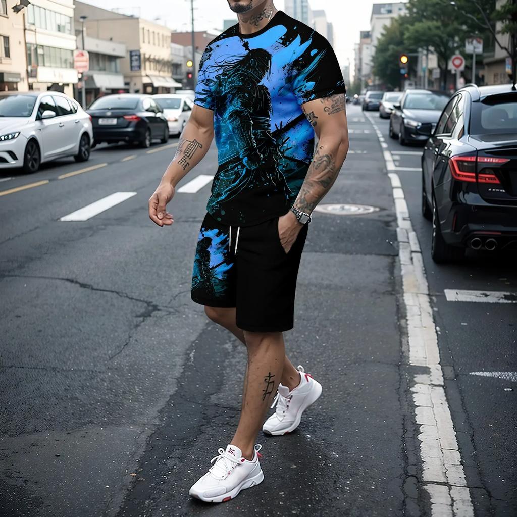 Summer men's casual 3D knife printed T-shirt set fashionable  creative O-neck T-shirt+shorts outdoor trendy sportswear