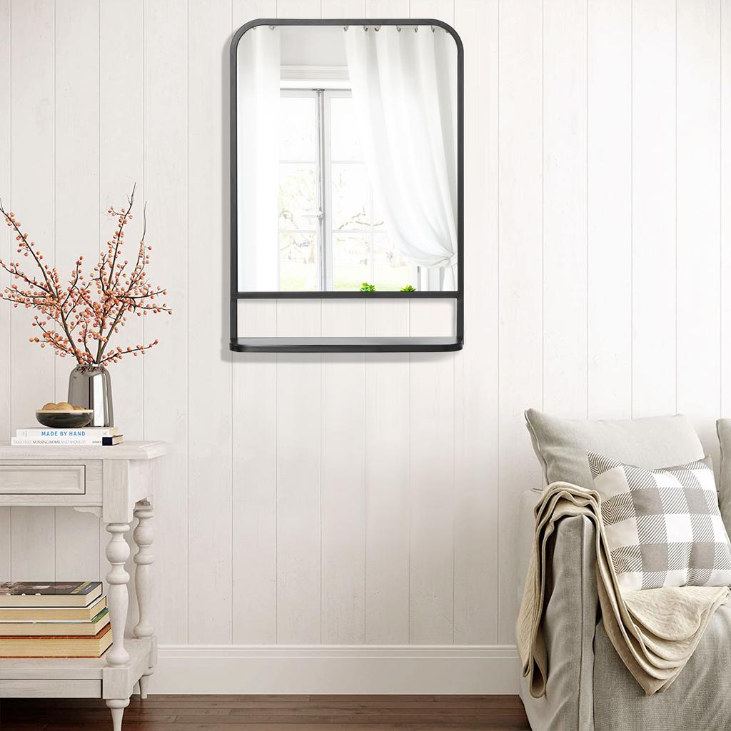 Wall Mirror with Metal Frame, Rounded Edges, 1 Shelf, 70 Cm X 10.2 Cm X 50 Cm, Black + Silver