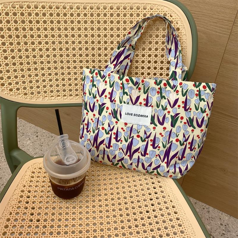 Vintage Oil Painting Flower Handbag Sundries Storage Bag Women's Cute Bento Bag Literary Handbag