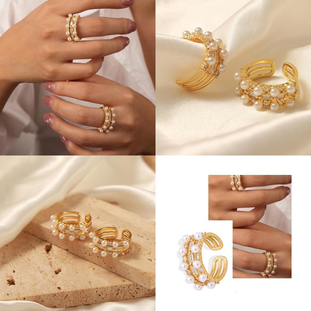 A52E Contemporary Pearls Band Ring with Zircon Finger Adjustable Size Opening Ring Handmade Accessory for Everyday Wear China Mainland