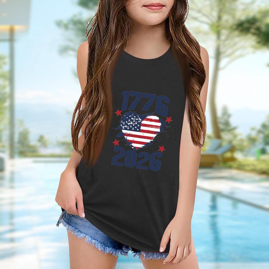 Girls  Kids Summer Crewneck Sleeveless Shirts Tank Tops Independence Day