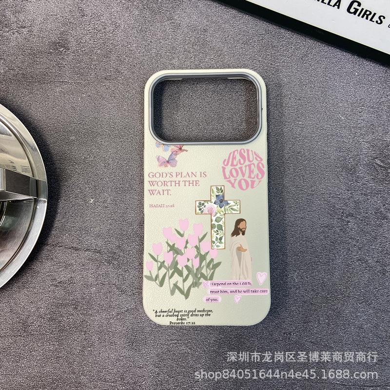 Pink tulip is suitable for iPhone17promax mobile phone case, Apple 16 all-inclusive 15 anti-drop 13 leather pattern protective case.