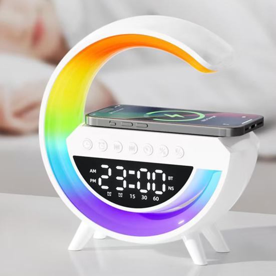 Yousheng G-Shaped LED Wireless Speaker 15W Fast Charging Alarm Clock with 13 Lighting Modes Bedroom Nightstand Lamp Bluetooth-compatible 5.2 Speaker