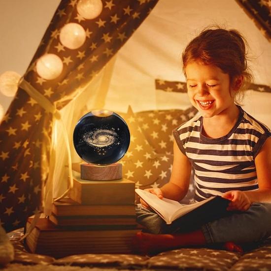 3D Galaxy Crystal Ball  Engraved Night Light USB Power LED Wooden Base Crystal for Home Decoration  Girls(Warm White) (Galaxy)