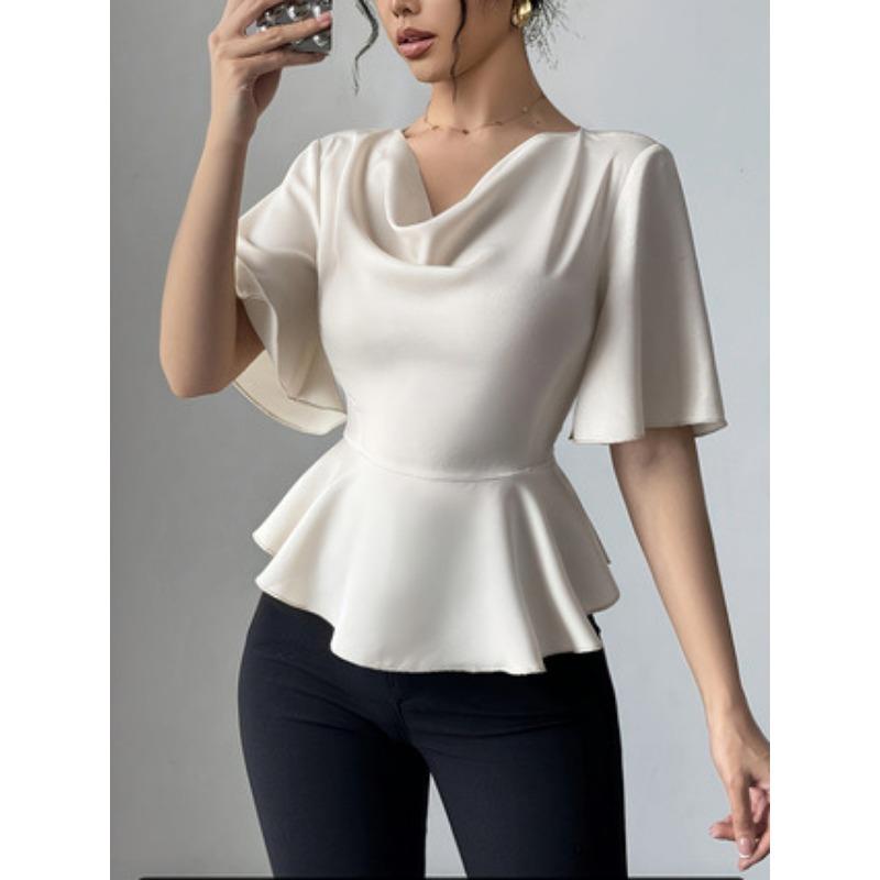 

Женская новая модная и элегантная однотонная рубашка с коротким рукавом и наборным воротником XS слоновая кость