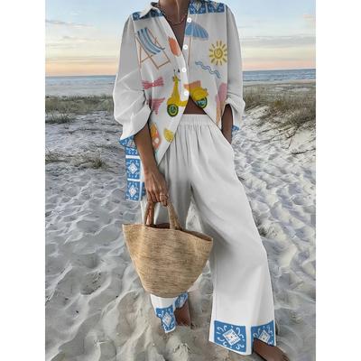 Summer Vacation Style Beach Element Printed Shirt Wide-leg Pants Two-piece Set
