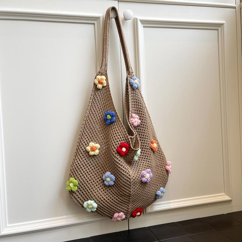 

Плетеная сумка женская новая на плечо сумка-тоут ленивый ветер вязаная ажурная цветочная пляжная сумка кофейный