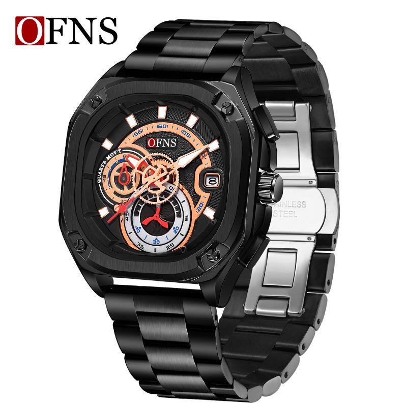 OFNS Solid Steel Men s Six-Hand Chronograph Wristwatch with Calendar