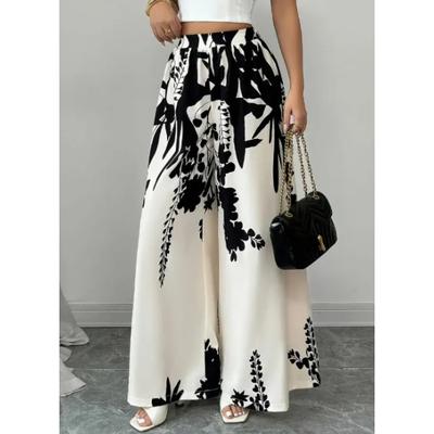 Women Black Ink Floral Print Wide Leg Pants Elastic High Waist Silky Satin Trousers Summer Vacation Casual Loose Long Pants Beach Bottoms Vestidos