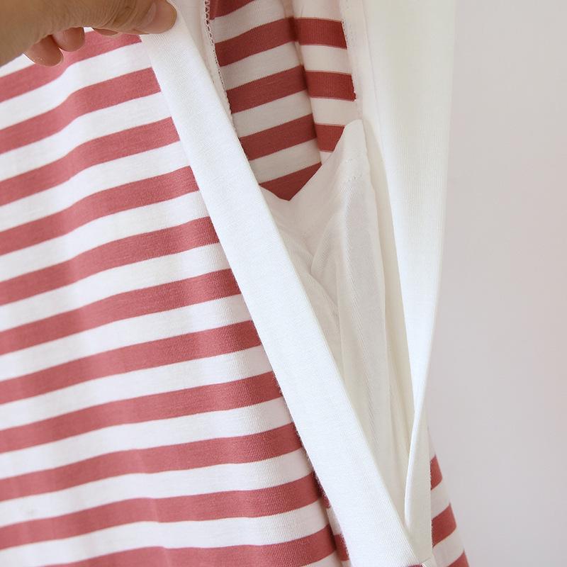 Sleeveless Women's Striped Mid-Length Nightgown with Chest Pads and Wide Straps for Summer, Outdoor Wear, and Home Pajamas.
