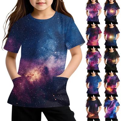 Children's Short Sleeve Pocket Tops Casual  Print T Shirt Round Neck Pullover Blouse