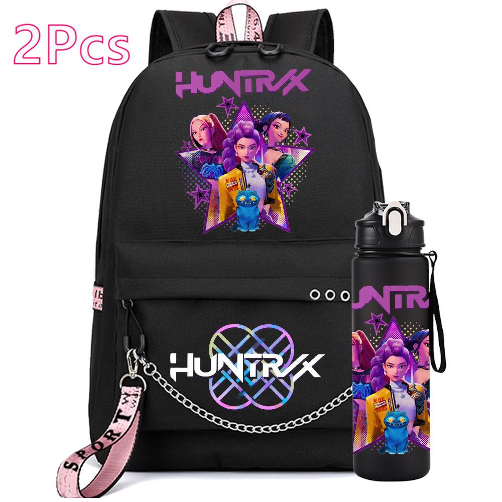 2Pcs/set Anime Cute Kpop Printed Backpack with 750Ml Water Bottler for Teenager Girl Boy Bookbag Kid Gift Large Capacity Waterproof Travel Bag