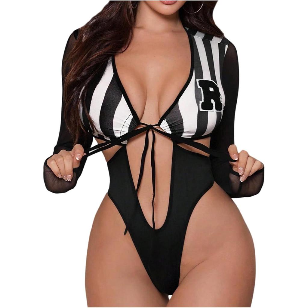 Women's Sexy Referee Bodysuit Costume Striped Print Long Sleeve Tie Front Valentine Cosplay Lingerie