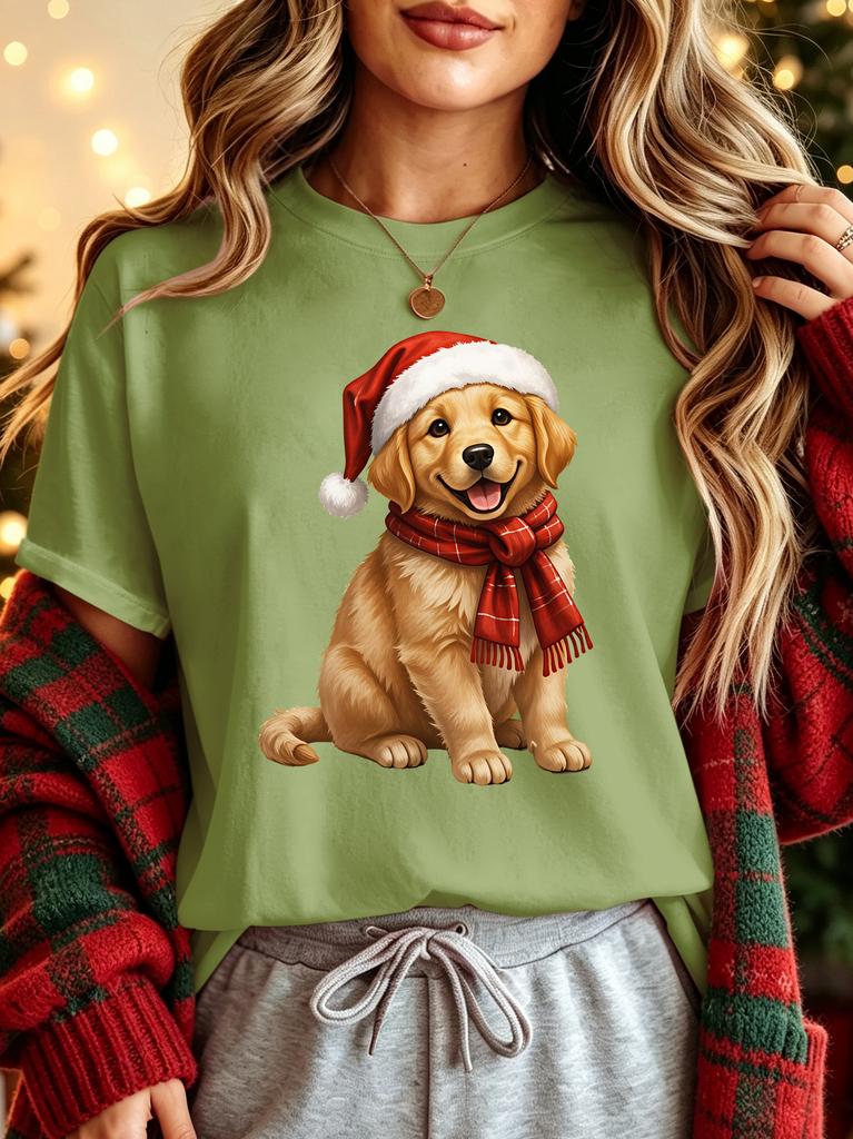 Christmas Golden Retriever Santa Hat Womens Crew Neck Short Sleeve T Shirt Xmas Scarf Puppy Graphic Tees For Ladies Daily Wear